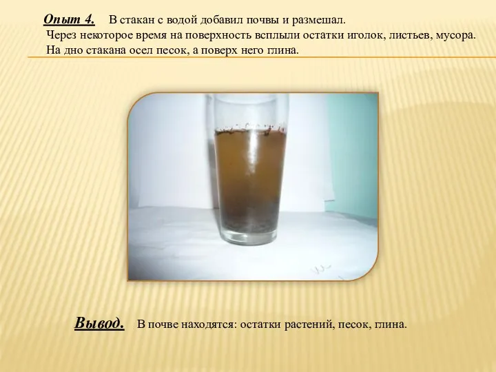 Опыт 4. В стакан с водой добавил почвы и размешал.