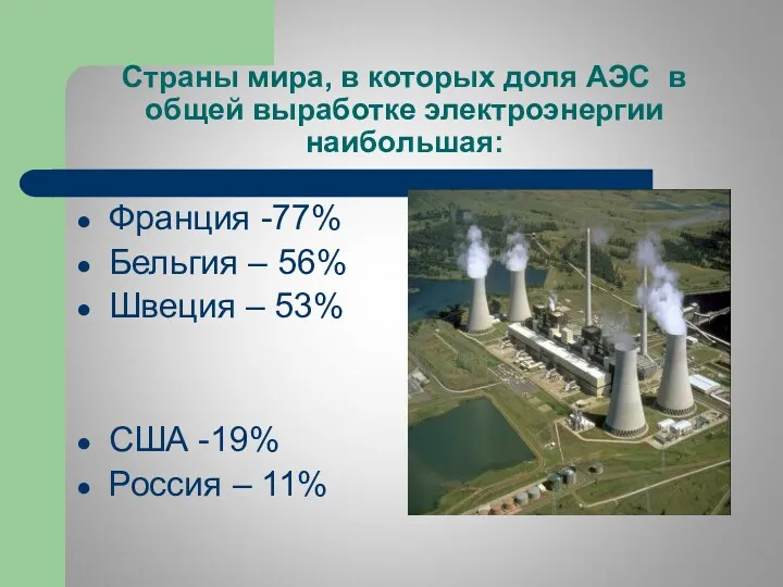 Страны мира, в которых доля АЭС в общей выработке электроэнергии наибольшая: Франция -77%