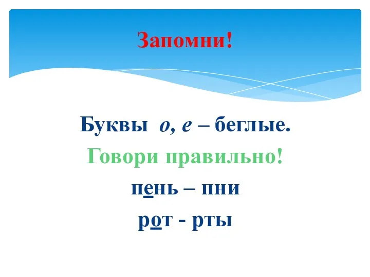 Буквы о, е – беглые. Говори правильно! пень – пни рот - рты Запомни!