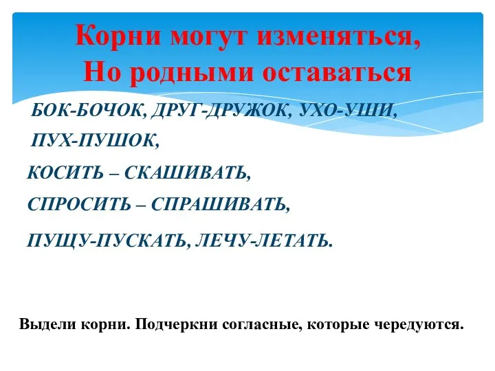 Корни могут изменяться, Но родными оставаться БОК-БОЧОК, ДРУГ-ДРУЖОК, УХО-УШИ, ПУХ-ПУШОК,