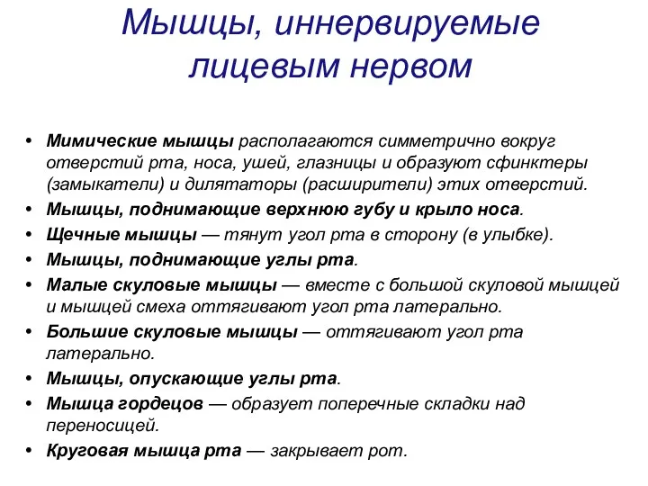 Мышцы, иннервируемые лицевым нервом Мимические мышцы располагаются симметрично вокруг отверстий