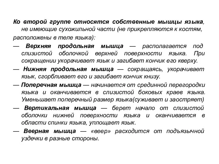 Ко второй группе относятся собственные мышцы языка, не имеющие сухожильной