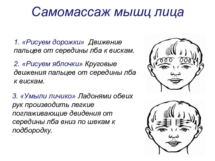 1. «Рисуем дорожки» Движение пальцев от середины лба к вискам.