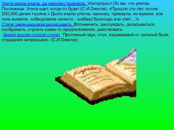 Улита ехала-ехала, да наконец приехала. Улита(прост.)То же, что улитка. Пословица: