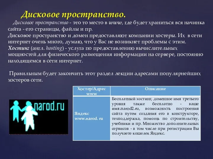 Дисковое пространство. Дисковое пространство - это то место в www,