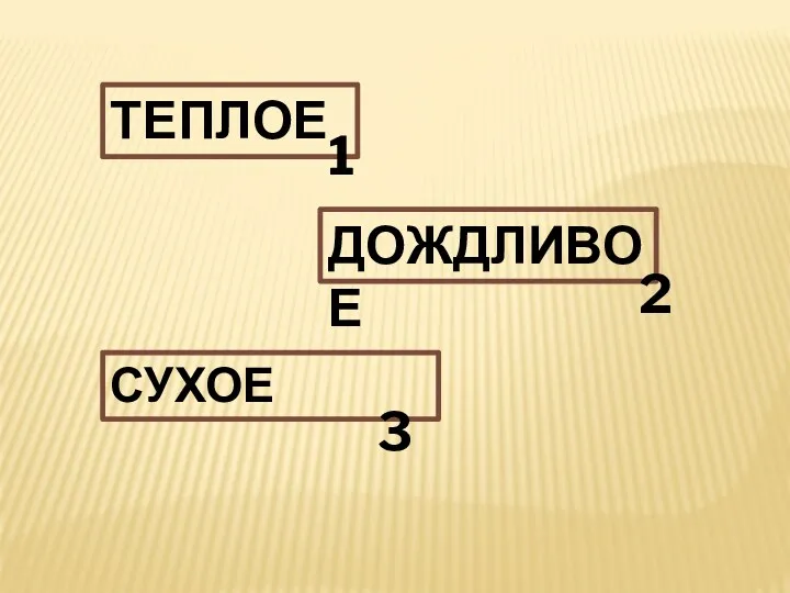 ТЕПЛОЕ 1 ДОЖДЛИВОЕ 2 СУХОЕ 3