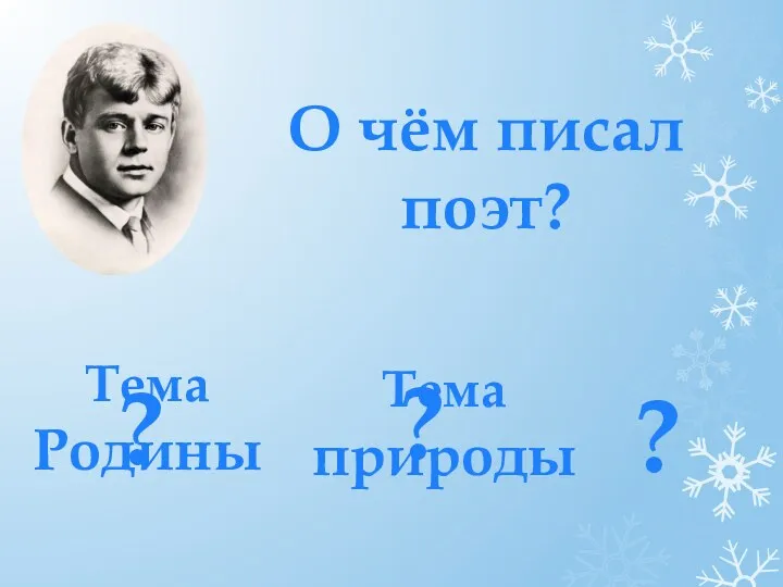 О чём писал поэт? ? ? ? Тема Родины Тема природы