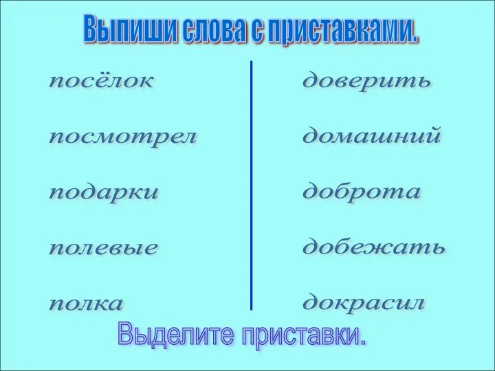 Выпиши слова с приставками. посёлок посмотрел подарки полевые полка доверить домашний доброта добежать докрасил Выделите приставки.