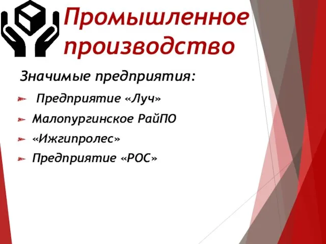 Промышленное производство Значимые предприятия: Предприятие «Луч» Малопургинское РайПО «Ижгипролес» Предприятие «РОС»