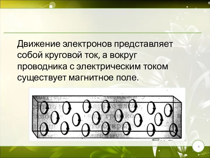 Движение электронов представляет собой круговой ток, а вокруг проводника с электрическим током существует магнитное поле.