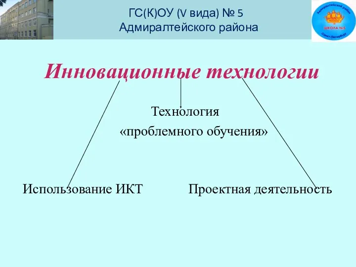 ГС(К)ОУ (V вида) № 5 Адмиралтейского района Инновационные технологии Технология «проблемного обучения» Использование ИКТ Проектная деятельность