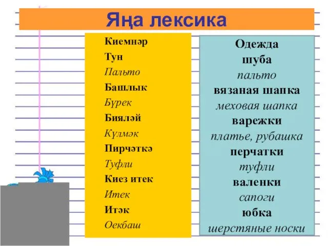 Киемнәр Тун Пальто Башлык Бүрек Бияләй Күлмәк Пирчәткә Туфли Киез