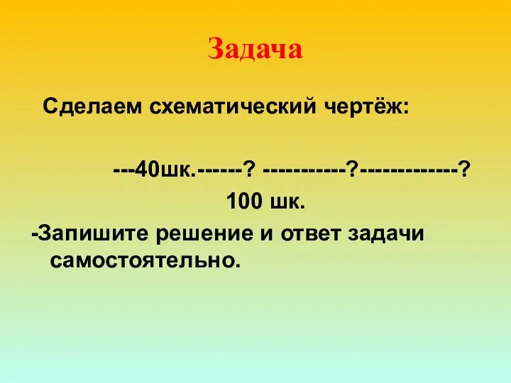 Задача Сделаем схематический чертёж: ---40шк.------? -----------?-------------? 100 шк. -Запишите решение и ответ задачи самостоятельно.