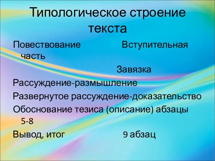 Типологическое строение текста Повествование Вступительная часть Завязка Рассуждение-размышление Развернутое рассуждение-доказательство