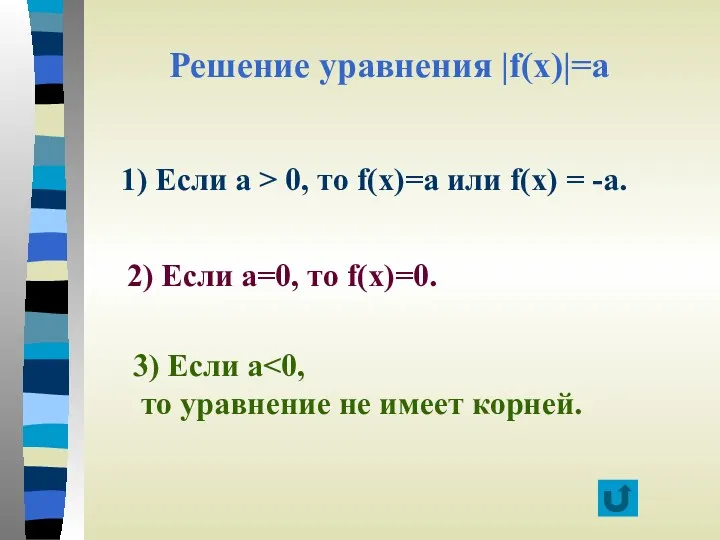 Решение уравнения |f(x)|=a 1) Если а > 0, то f(x)=a или f(x) =
