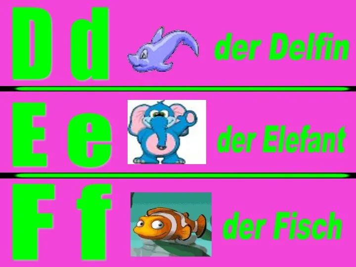 der Elefant der Fisch der Delfin D d E e F f