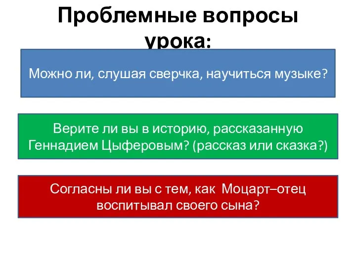 Проблемные вопросы урока: Можно ли, слушая сверчка, научиться музыке? Верите