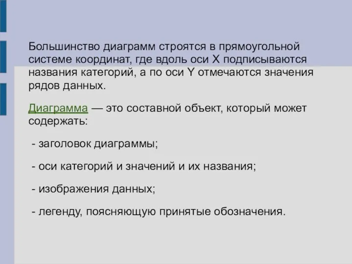 Большинство диаграмм строятся в прямоугольной системе координат, где вдоль оси X подписываются названия