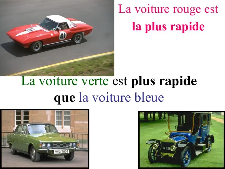 La voiture verte est plus rapide que la voiture bleue