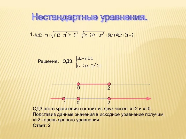 Нестандартные уравнения. 1. 0 2 2 -1 0 Решение. ОДЗ.