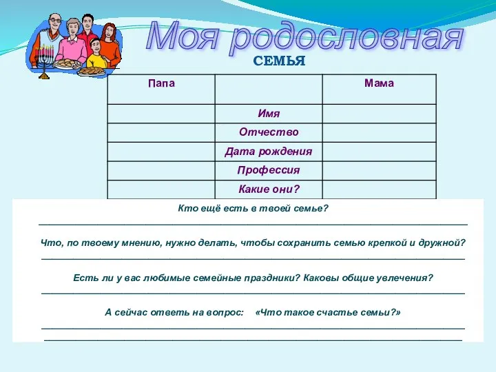 Моя родословная СЕМЬЯ Кто ещё есть в твоей семье? ________________________________________________________________________________ Что, по твоему