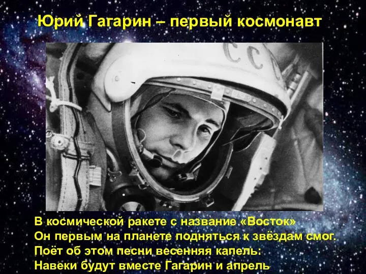 Юрий Гагарин – первый космонавт В космической ракете с название