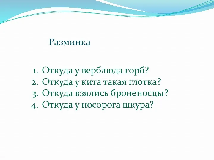 Разминка Откуда у верблюда горб? Откуда у кита такая глотка?