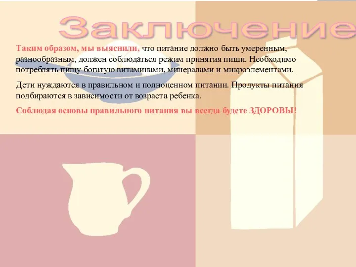 Заключение Таким образом, мы выяснили, что питание должно быть умеренным,