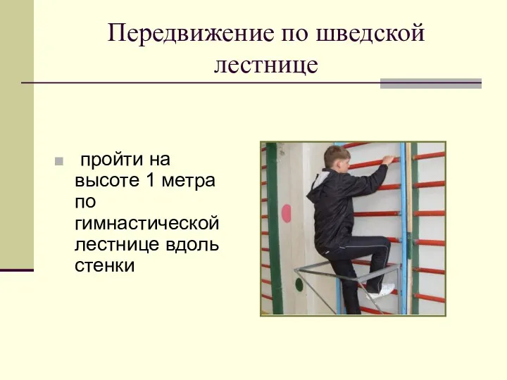 Передвижение по шведской лестнице пройти на высоте 1 метра по гимнастической лестнице вдоль стенки