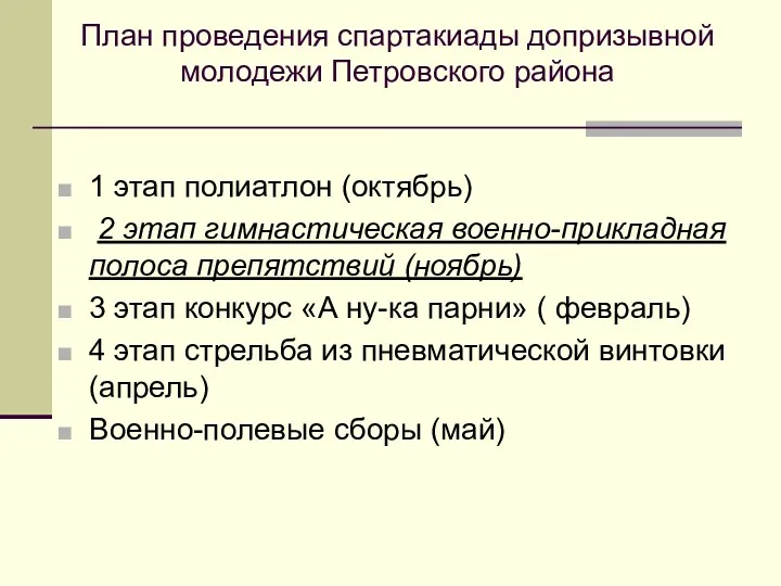 План проведения спартакиады допризывной молодежи Петровского района 1 этап полиатлон