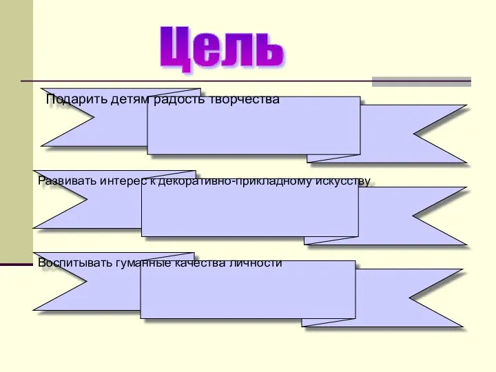 Цель Подарить детям радость творчества Развивать интерес к декоративно-прикладному искусству Воспитывать гуманные качества личности