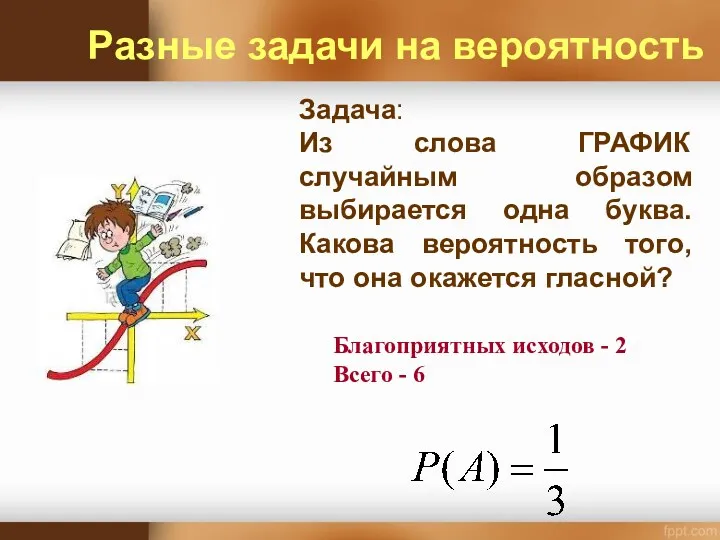 Задача: Из слова ГРАФИК случайным образом выбирается одна буква. Какова вероятность того, что