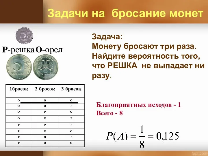 О-орел Р-решка Задача: Монету бросают три раза. Найдите вероятность того,