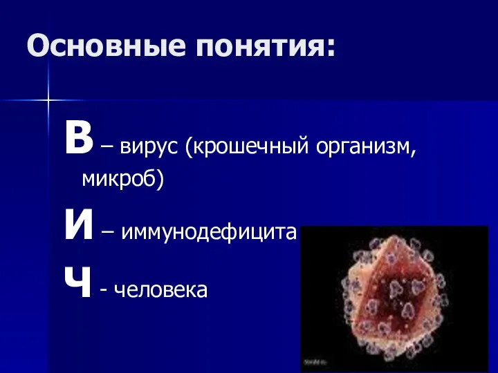 Основные понятия: В – вирус (крошечный организм, микроб) И – иммунодефицита Ч - человека