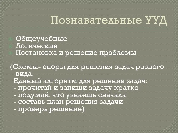 Познавательные УУД Общеучебные Логические Постановка и решение проблемы (Схемы- опоры