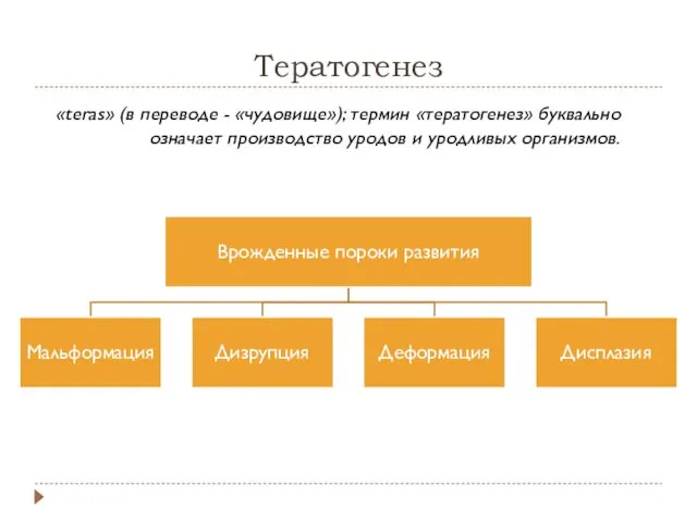 Тератогенез «teras» (в переводе - «чудовище»); термин «тератогенез» буквально означает производство уродов и уродливых организмов.