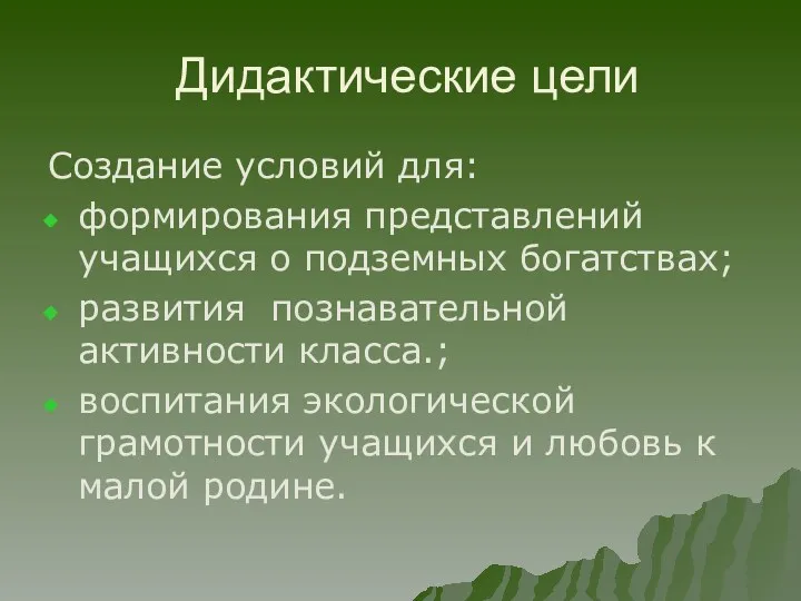 Дидактические цели Создание условий для: формирования представлений учащихся о подземных богатствах; развития познавательной