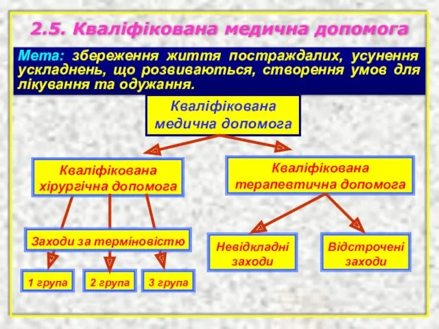 2.5. Кваліфікована медична допомога Мета: збереження життя постраждалих, усунення ускладнень,