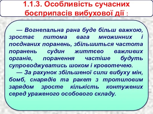 1.1.3. Особливість сучасних боєприпасів вибухової дії : — Вогнепальна рана