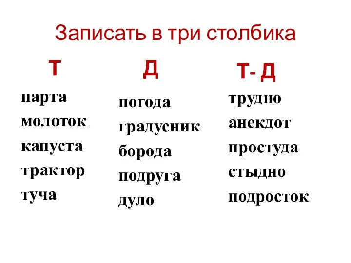 Т парта молоток капуста трактор туча погода градусник борода подруга