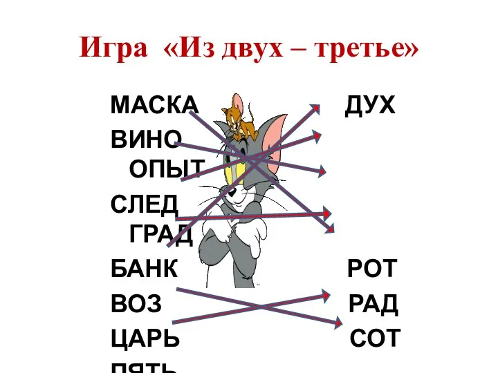 Игра «Из двух – третье» МАСКА ДУХ ВИНО ОПЫТ СЛЕД ГРАД БАНК РОТ