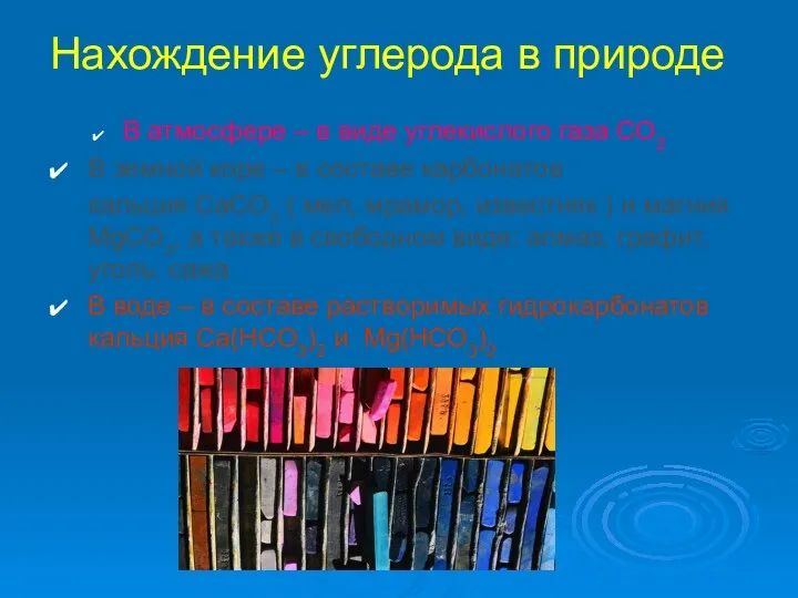 Нахождение углерода в природе В атмосфере – в виде углекислого