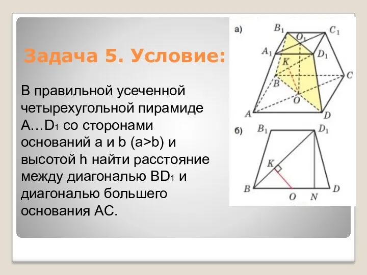 В правильной усеченной четырехугольной пирамиде A…D1 со сторонами оснований а