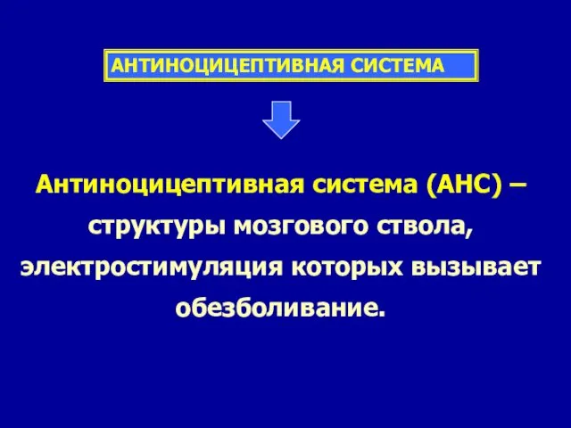 АНТИНОЦИЦЕПТИВНАЯ СИСТЕМА Антиноцицептивная система (АНС) – структуры мозгового ствола, электростимуляция которых вызывает обезболивание.