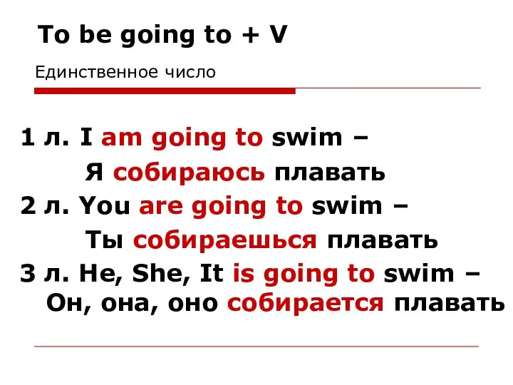 To be going to + V 1 л. I am going to swim