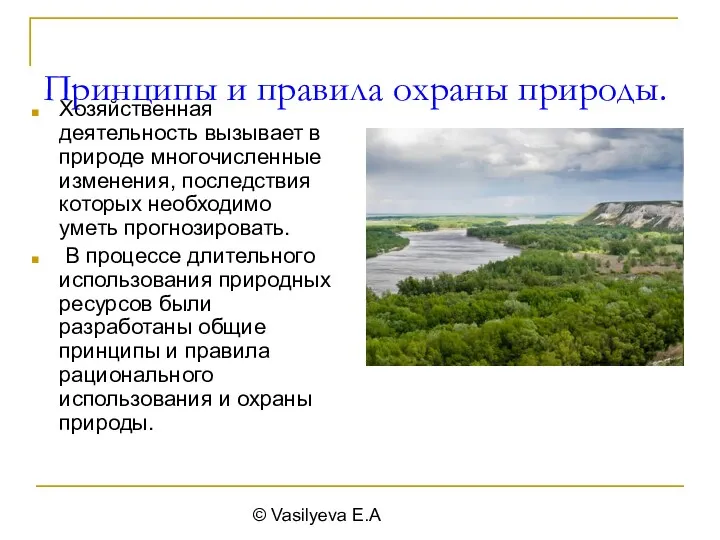© Vasilyeva E.A Принципы и правила охраны природы. Хозяйственная деятельность вызывает в природе