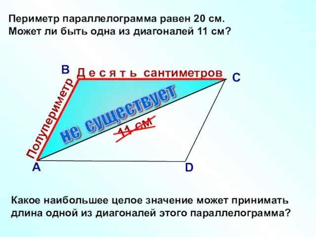 Периметр параллелограмма равен 20 см. Может ли быть одна из диагоналей 11 см?