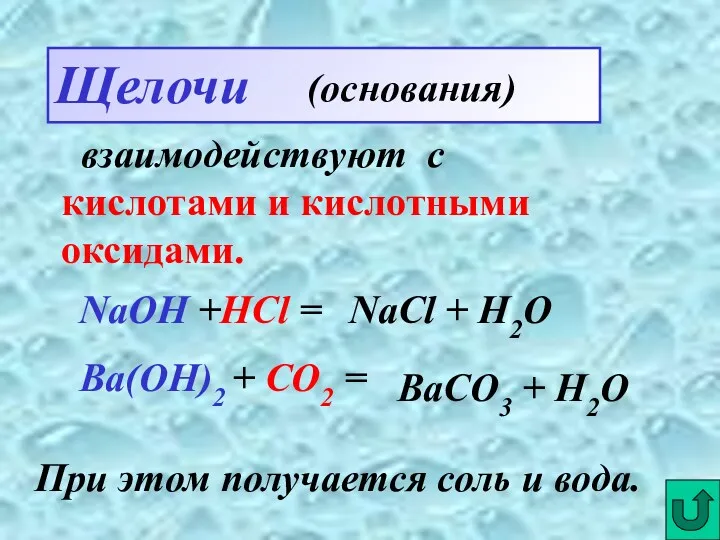 Щелочи (основания) взаимодействуют с кислотами и кислотными оксидами. NaOH +HCl