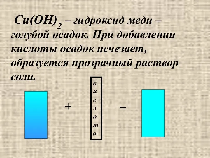 Cu(OH)2 – гидроксид меди – голубой осадок. При добавлении кислоты