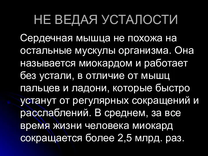 НЕ ВЕДАЯ УСТАЛОСТИ Сердечная мышца не похожа на остальные мускулы организма. Она называется